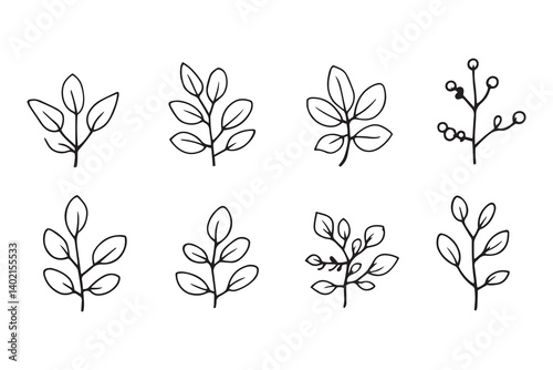 Set of 6 pec in two row  Bryophyllum Leaf line art on white background