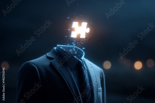 A headless businessman with a glowing puzzle piece icon hovering above him 