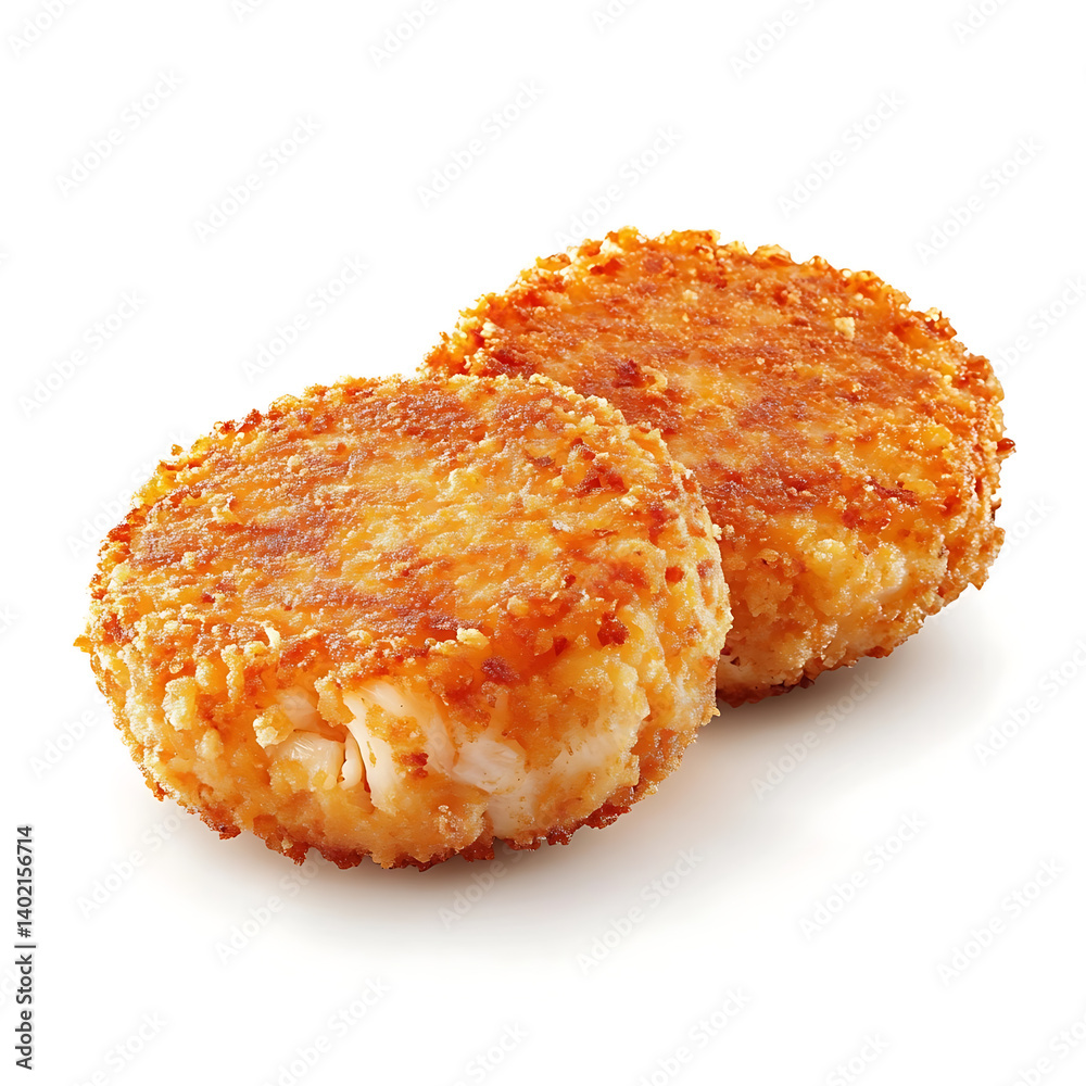 Golden and crispy crab cakes with a perfectly seasoned crust and tender crab meat, isolated white background, hyperrealism art style Golden and crispy crab cakes with a perfectly seasoned crust and tender crab meat, isolated white background, hyperrealism art style