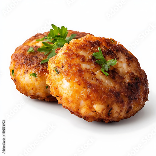 Golden and crispy crab cakes with a tender, flaky interior and a crispy exterior, isolated white background