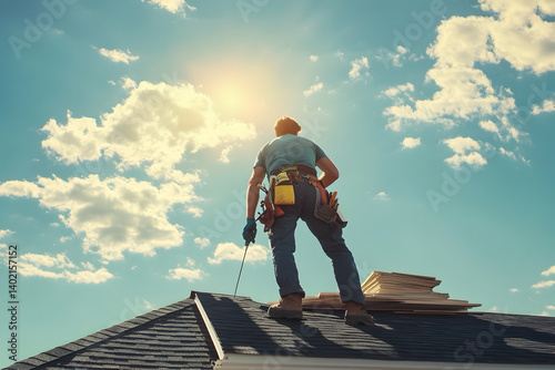 Wallpaper Mural A maintenance worker on the roof of a house inspecting or cleaning solar panels Torontodigital.ca