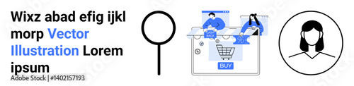 E-commerce interface with shoppers on laptop, search icon, female user profile icon, and text. Ideal for online shopping, digital marketing, e-commerce, customer support, user interface profile
