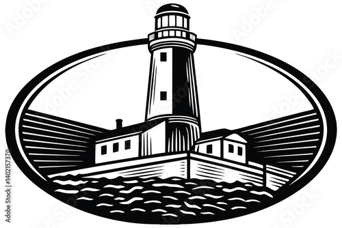 Tall white lighthouse tower, a beacon of safety for shipping on the coastline