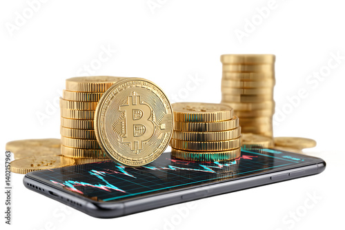Cryptocurrency Coins with Smartphone Chart and Transparent Background