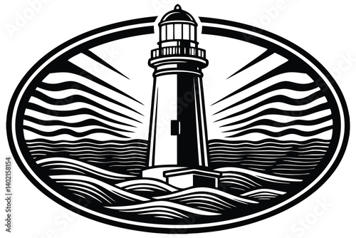 Tall red lighthouse tower beacon silhouette on the white coast for sea navigation