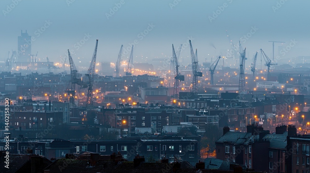 Foggy city skyline at dawn with cranes and urban construction Foggy city skyline at dawn with cranes and urban construction