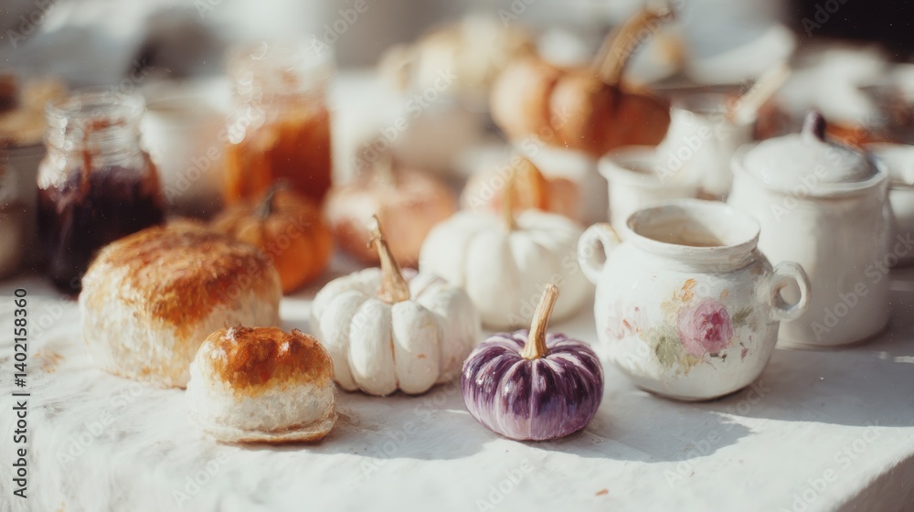 Fototapeta premium Autumn Thanksgiving Table Setting Pumpkins Bread and Rustic Decor