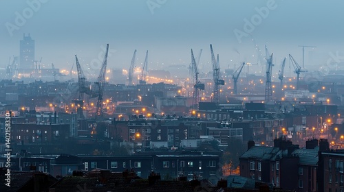 Foggy city skyline at dawn with cranes and urban construction