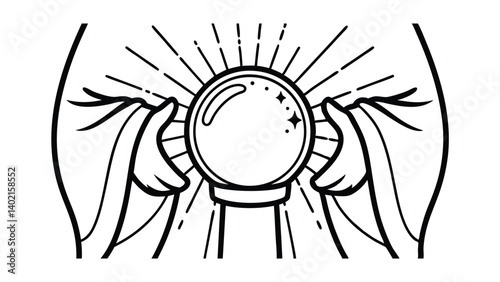 Graphic Illustration Of Hands Holding A Crystal Ball Emitting Light Rays In Black And White