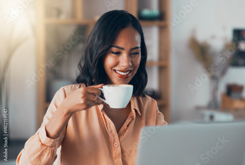 Obraz na płótnie Coffee, reading female freelancer, work from home or remote worker on laptop replying to copywriting emails. Trendy, young and smiling woman on social media or browsing internet for online news w salonie