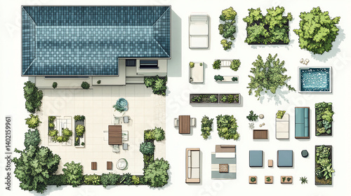 Landscape design plan aerial view for backyard garden patio with furniture and swimming pool top view layout