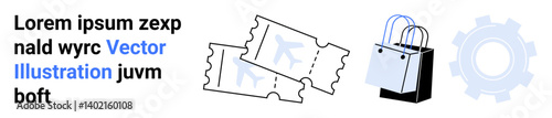 Two admission tickets, a shopping bag, and a gear symbol illustrating events, shopping, and mechanics. Ideal for e-commerce, retail, technology, events marketing sales process flat landing page