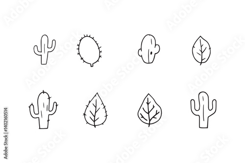 Set of 6 pec in two row  Cactus   Leaf line art on white background 