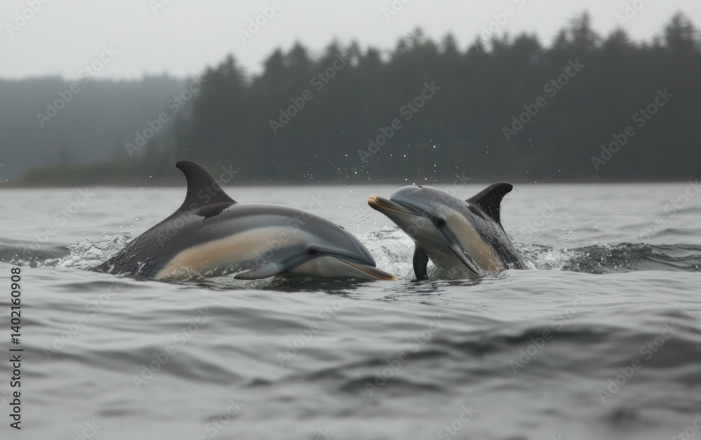Naklejka premium Two Dolphins Interacting in a Calm Grey Ocean