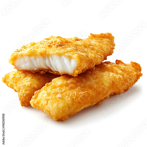 Golden and crispy fish fillets with a crunchy batter and tender fish interior, isolated white background, hyperrealism art style