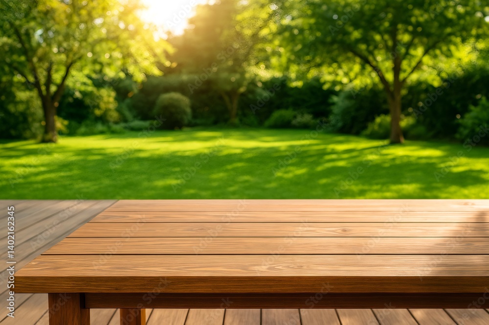 Wooden table on a terrace overlooking a beautiful green garden on a sunny day, perfect for relaxing outdoors