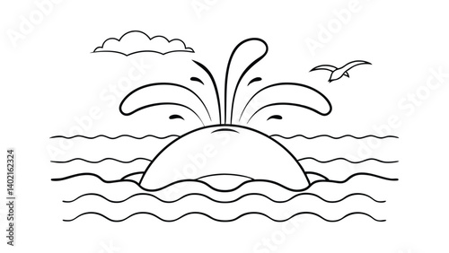 Simple Line Art Illustration Of A Whale Spouting Water In The Ocean With A Seagull And Cloud
