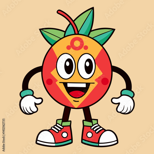 Retro groovy fruit cartoon mascot character vector vintage funky fun smiling old school 
