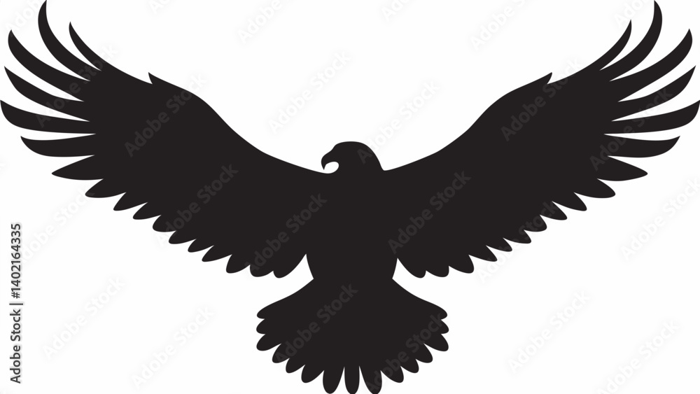 Obraz premium A majestic eagle in powerful flight, soaring high above with intense black silhouette against a stark white background.