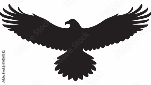 Majestic eagle in full flight, a powerful black silhouette against a stark white background.