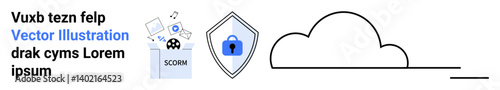 SCORM file with multimedia files, shield with lock symbolizing security, cloud design for network storage. Ideal for technology, security, data storage, e-learning, cloud computing, online platforms