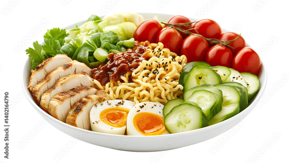 vibrant bowl of ramen features grilled chicken, soft boiled eggs, fresh cherry tomatoes, cucumber slices, and green onions, garnished with sesame seeds and cilantro, creating colorful vibrant bowl of ramen features grilled chicken, soft boiled eggs, fresh cherry tomatoes, cucumber slices, and green onions, garnished with sesame seeds and cilantro, creating colorful