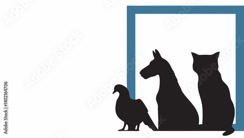 A serene dove, dog, and cat peacefully watching from a simple blue frame, in elegant black silhouettes against a white background.