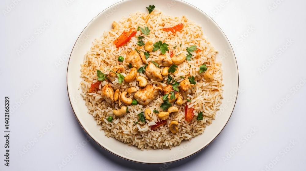 Chicken and cashew with rice, presented on a plate. Chicken and cashew with rice, presented on a plate.