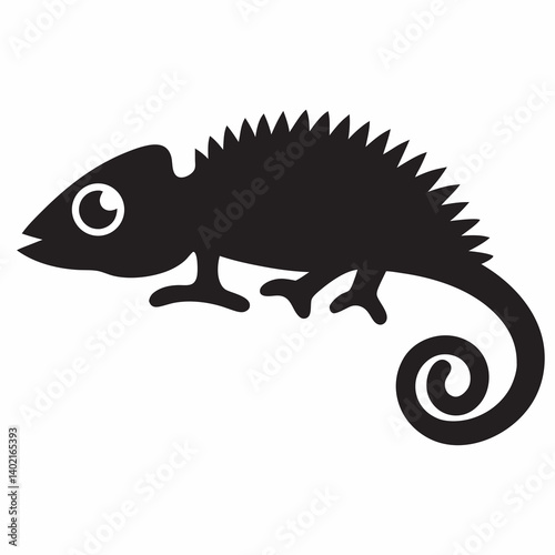A playful chameleon, perched and ready to explore, in a bold black silhouette against a clean white background.