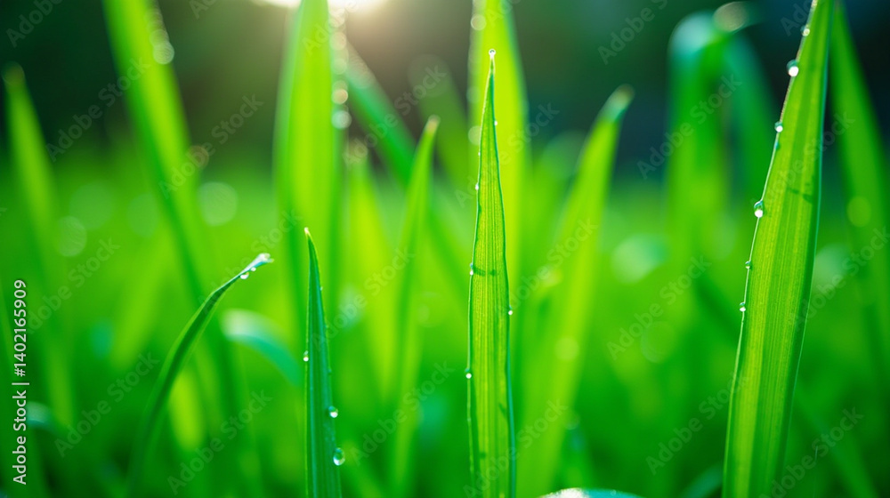 Fototapeta premium Close-up of a group of green grass blades.