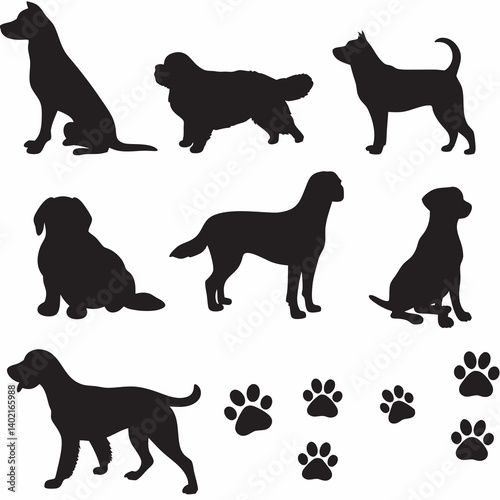 A heartwarming collection of diverse dog breeds in elegant silhouettes, showcasing their unique postures and playful paw prints against a clean white background.
