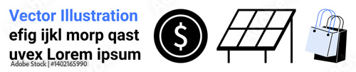 Dollar symbol, solar panel, and shopping bag representing finance, sustainability, and consumerism. Ideal for economics, clean energy, online shopping, retail investment eco-friendly initiatives