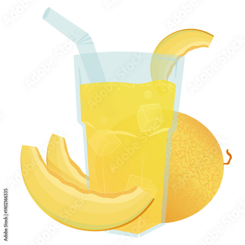 Vector illustration of a refreshing glass of melon juice with slices and a whole melon beside it. The glass contains ice cubes and has a straw, highlighting a summery feel.