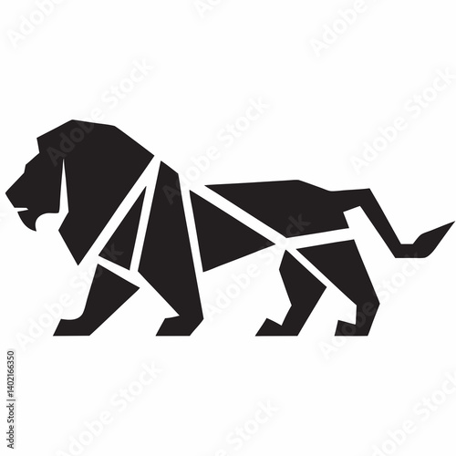A majestic lion, powerfully rendered in bold geometric shapes, symbolizes strength and elegance in a striking black silhouette.