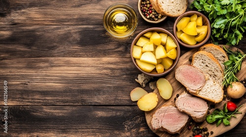 Sliced pork tenderloin with potatoes, herbs, and bread.  Fresh ingredients arranged on a dark wooden table photo