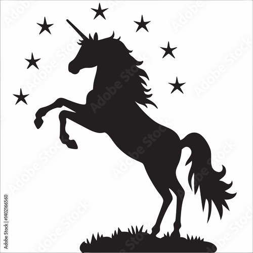 A majestic unicorn leaping under a starry night, a symbol of magic and grace, rendered in bold black silhouette against a white background.