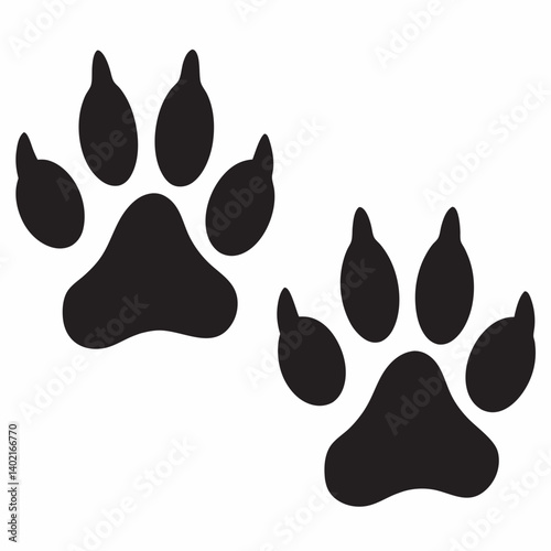 Two bold black paw prints hinting at a wild adventure in the forest, a simple graphic design with stark contrast.
