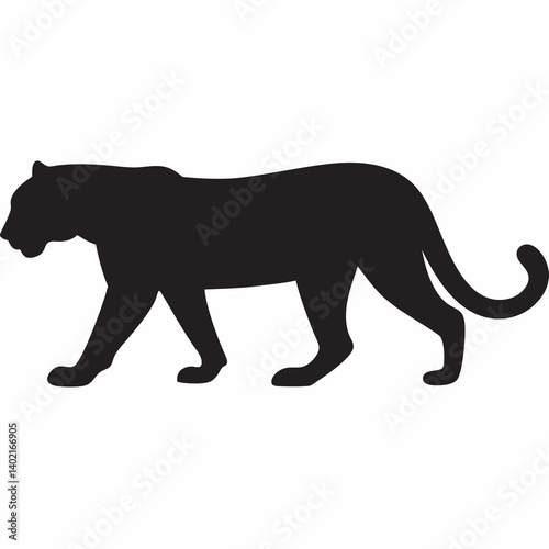 A majestic black panther stealthily moves through the tall grass, a powerful silhouette against a bright white background.