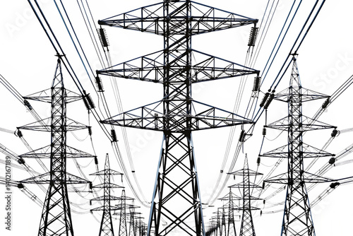 high power transmission lines of electricity isolated on white background