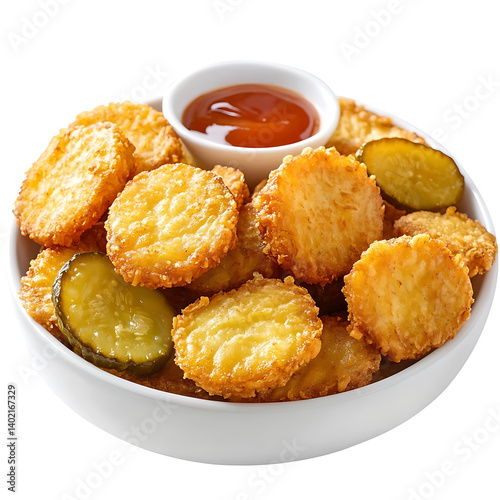 Golden and crispy fried pickles with a crunchy batter and a tangy pickle interior, isolated white background, hyperrealism art style