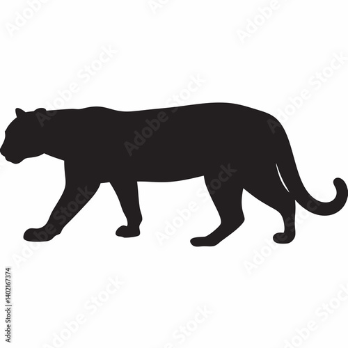 A majestic panther gracefully strides, a symbol of silent power and untamed wilderness, rendered in a bold black silhouette against a stark white background.