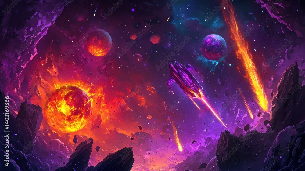 A futuristic spaceship travels through a colorful cosmic nebula environment A futuristic spaceship travels through a colorful cosmic nebula environment