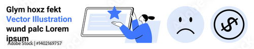 Individual interacting with tablet for rating or feedback, sad reaction icon, dollar symbol representing financial goals. Ideal for feedback, reviews, emotion analytics, usability research