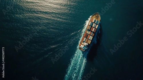 Container ship sailing ocean, aerial view, sunset