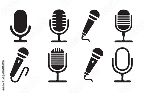 Different microphone collection. Podcast mike, journalist microphone, karaoke. vector illustration Eps 10