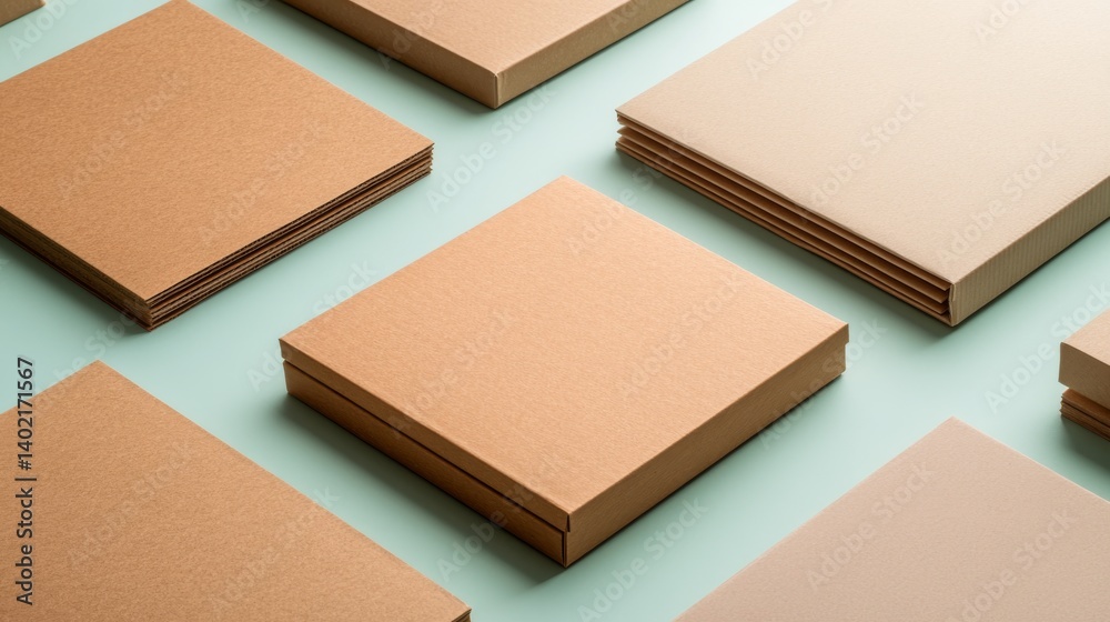 Fototapeta premium A variety of brown cardboard packages of different sizes are neatly arranged on a clean white surface, creating a well-organized layout for delivery themes
