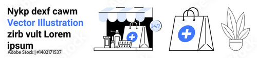 Storefront selling health products, a shopping bag with a medical cross, and a potted plant. Ideal for online shopping, pharmacy delivery, e-commerce, healthcare, retail, modern design flat landing