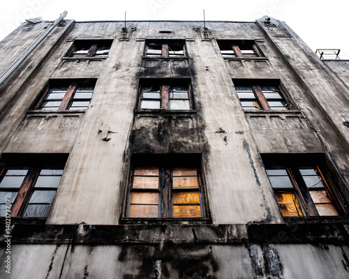 Decaying building facade with boarded windows grunge texture and urban decay