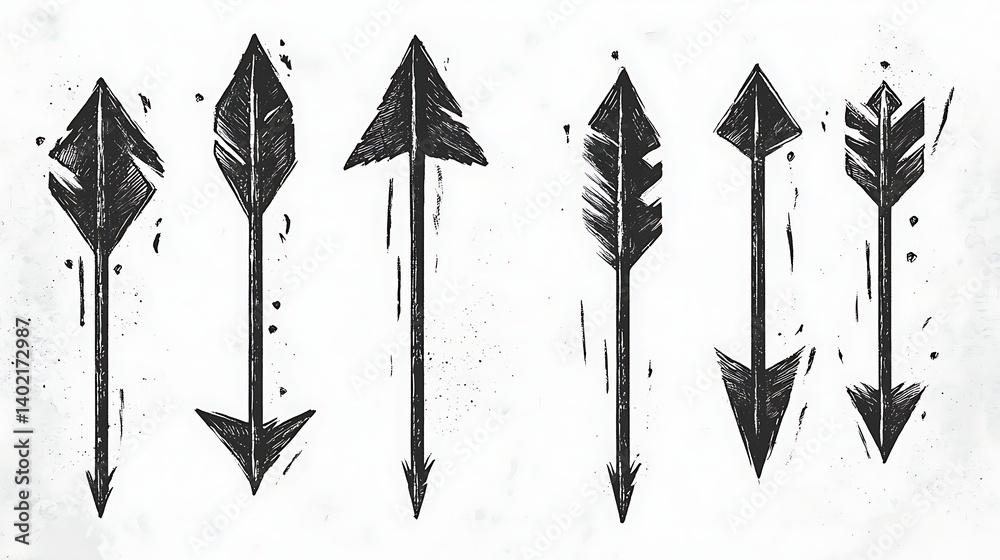 Hand-Drawn Black Arrows, Set of seven hand-drawn black arrows with textured details on a white background Hand-Drawn Black Arrows, Set of seven hand-drawn black arrows with textured details on a white background