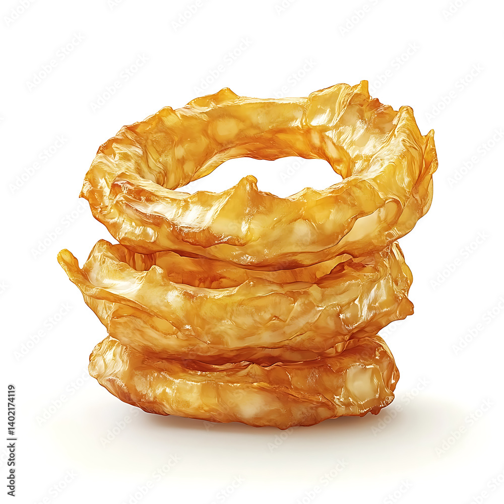 Fototapeta premium Golden and crispy onion rings with a crunchy batter and a sweet, tender onion interior, isolated white background